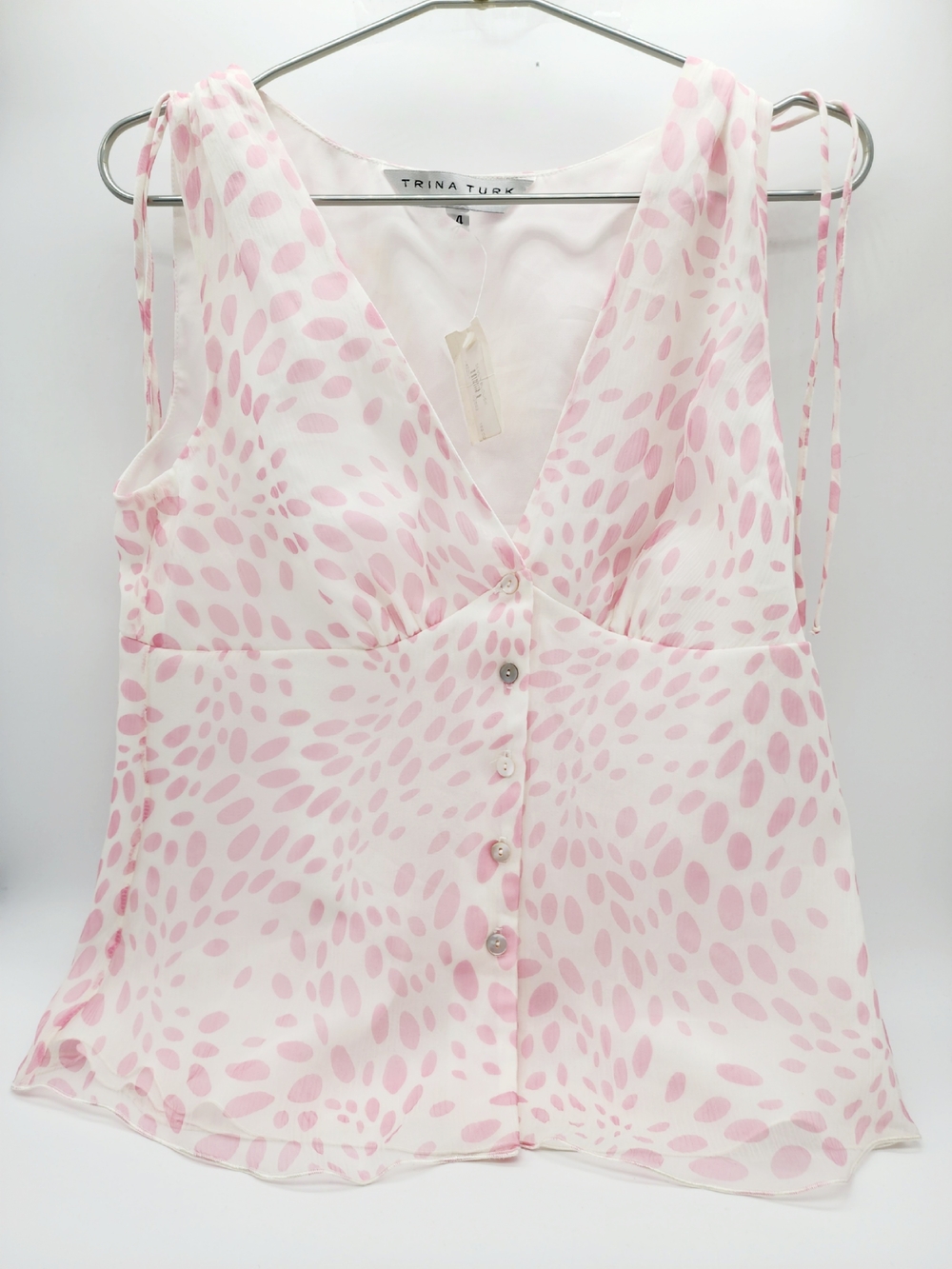 Trina Turk Blaine Polka Dot Silk Pink White Blouse Sleeveless Top Size 4 NEW